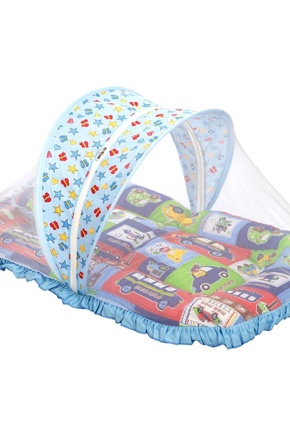 Blue Baby Mattress Set with Mosquito Net and Pillow